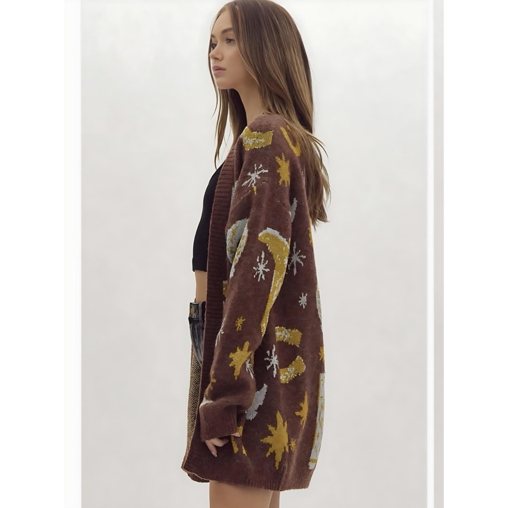 LAST 1! ENTRO Shimmer Western Print Open Soft Cardigan! - Picture 3 of 6